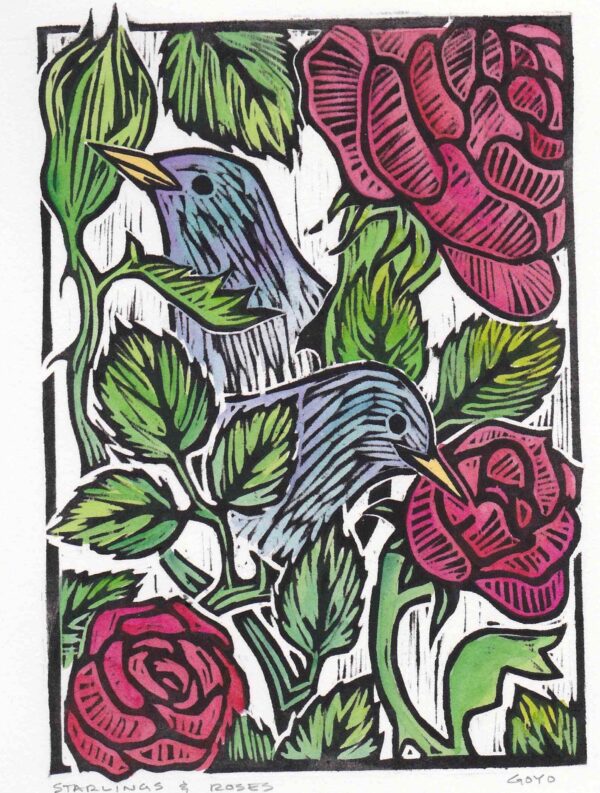 starlings and roses woodblock print